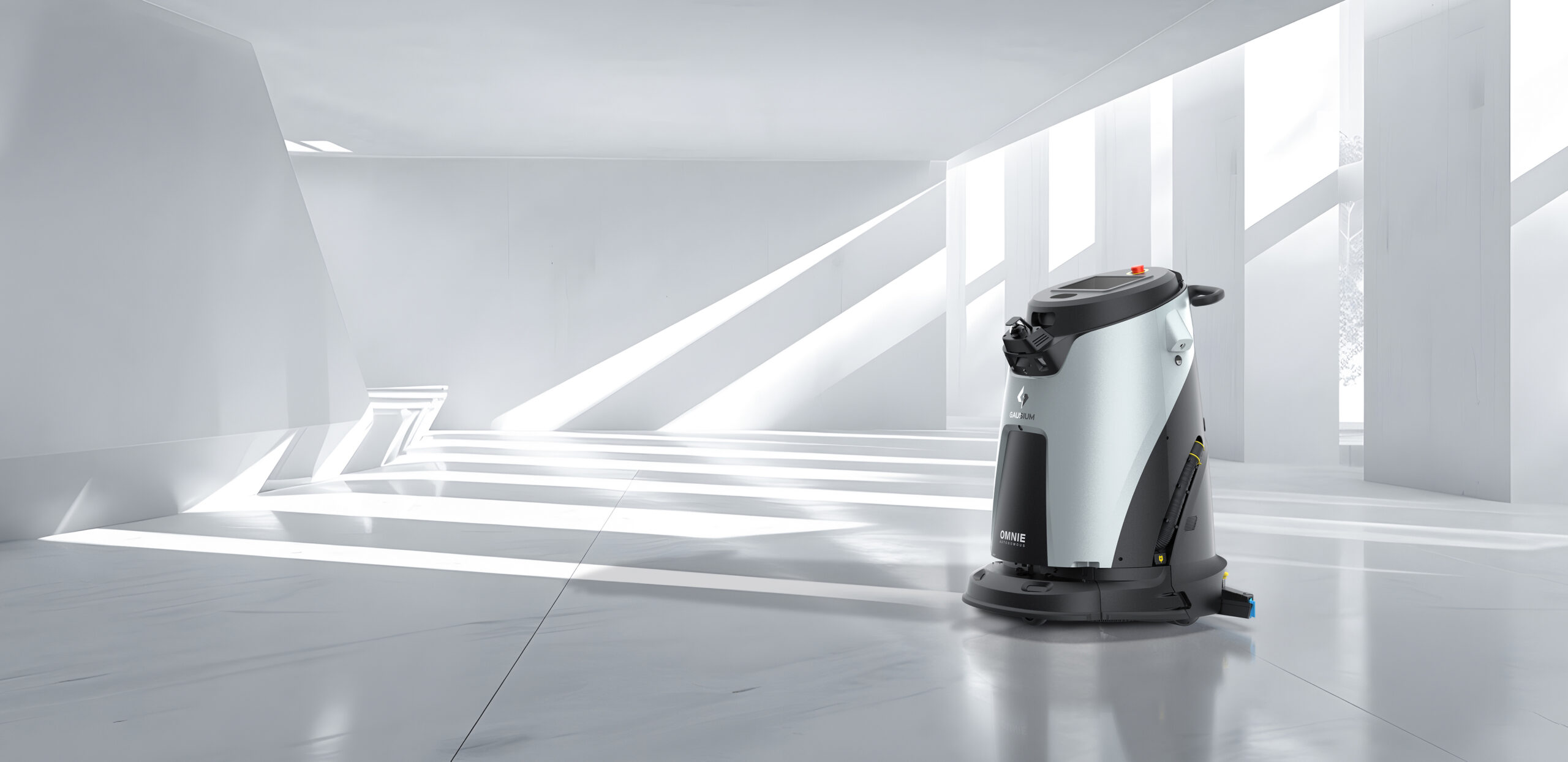 Gausium Omnie cleaning a large architectural hall